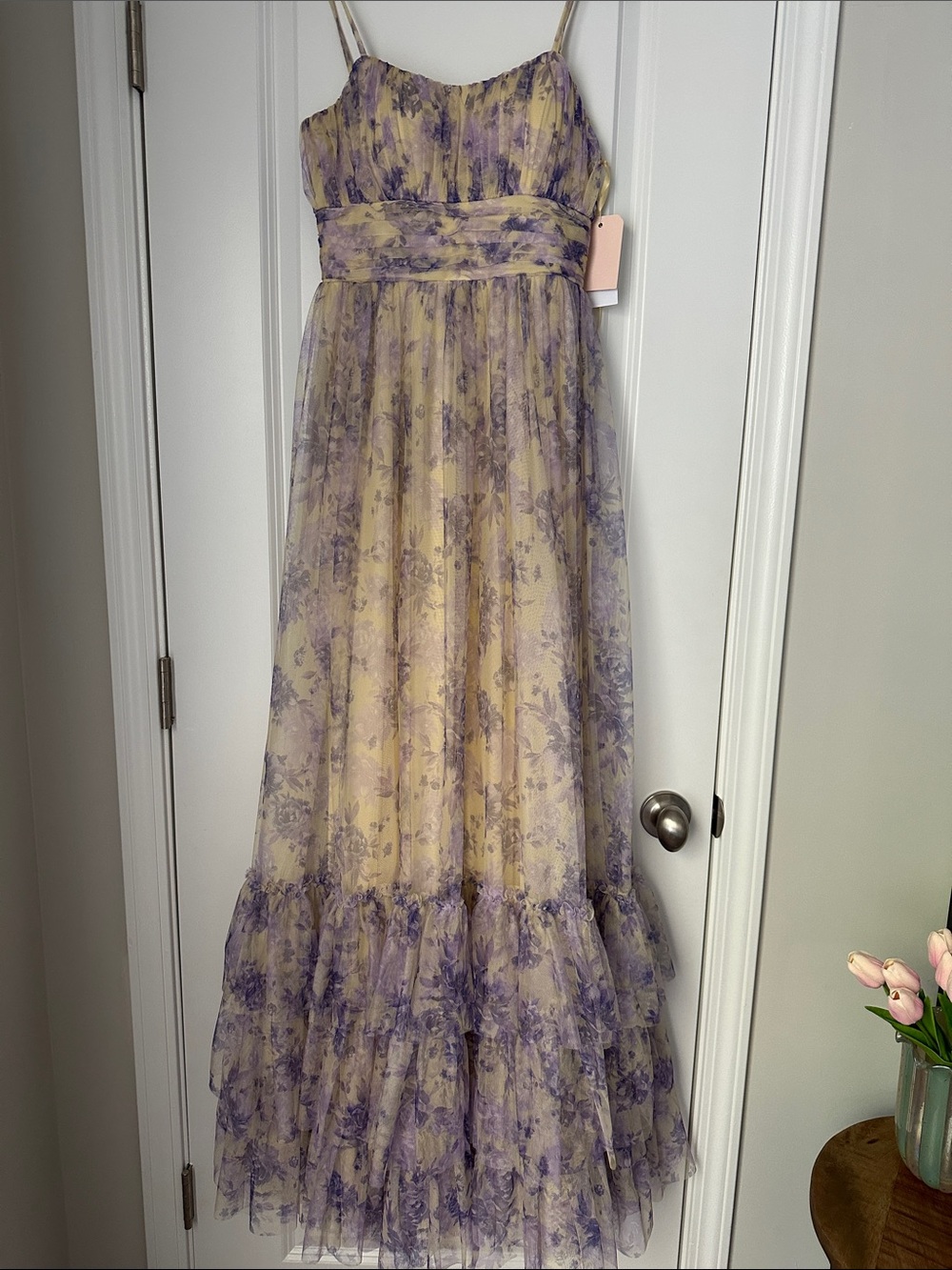Spaghetti Strap Floral Maxi Dress in Lavender and Yellow